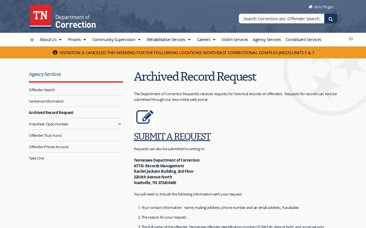 TDOC archived Crockett County release record request page
