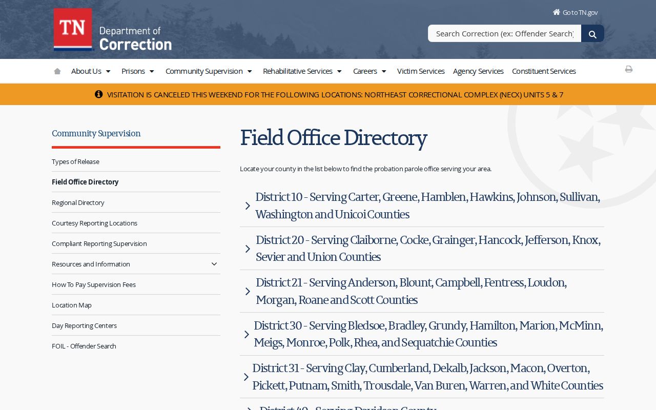 Crockett County parole and probation District 61 field office directory